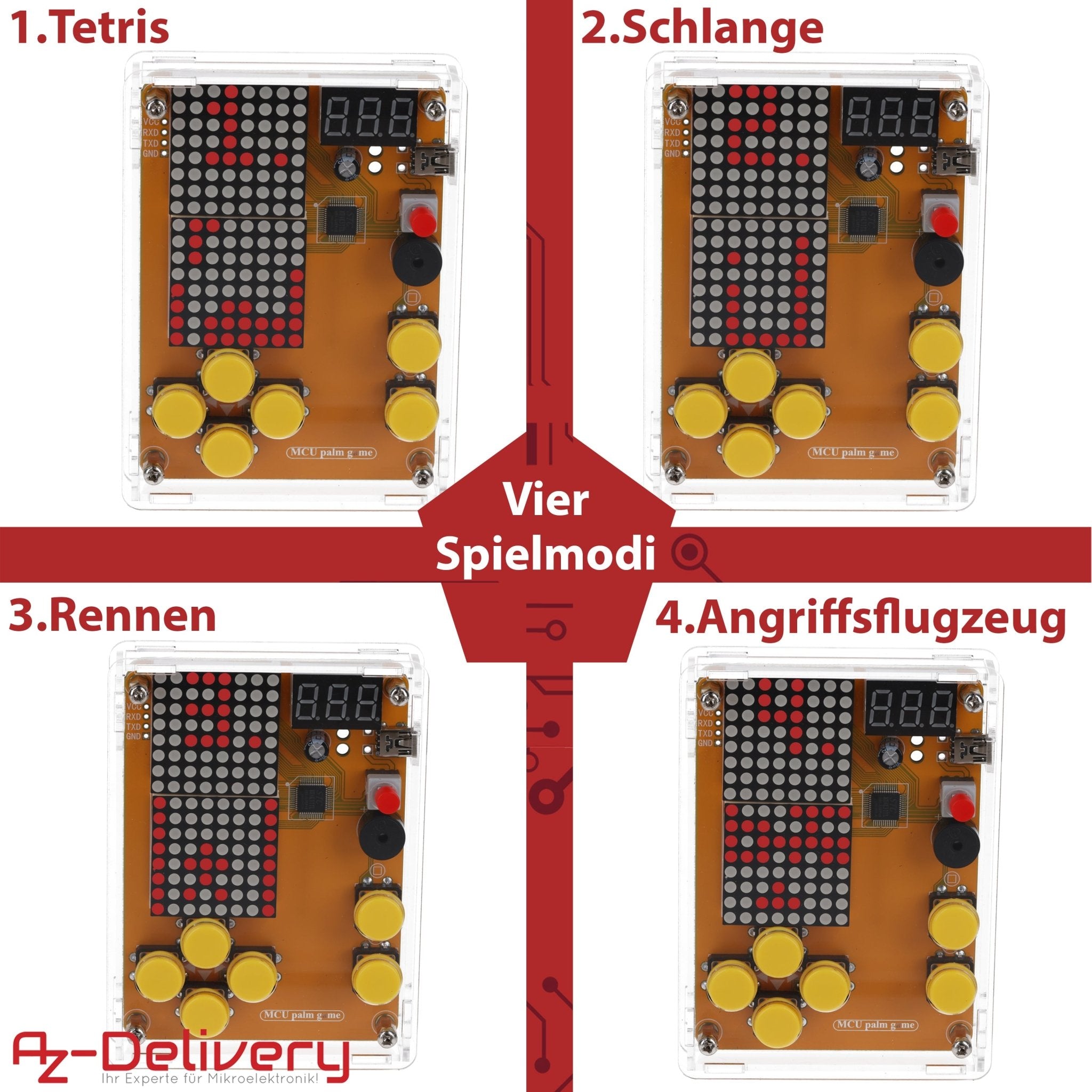 DIY Elektronik Bausatz - Spielekonsole mit transparenten Gehäuse, Retro Handheld Elektronik Kit für Anfänger & Fortgeschrittene, Lötset zum Löten Lernen & Basteln mit LED - Matrix und Punktanzeige - AZ - Delivery