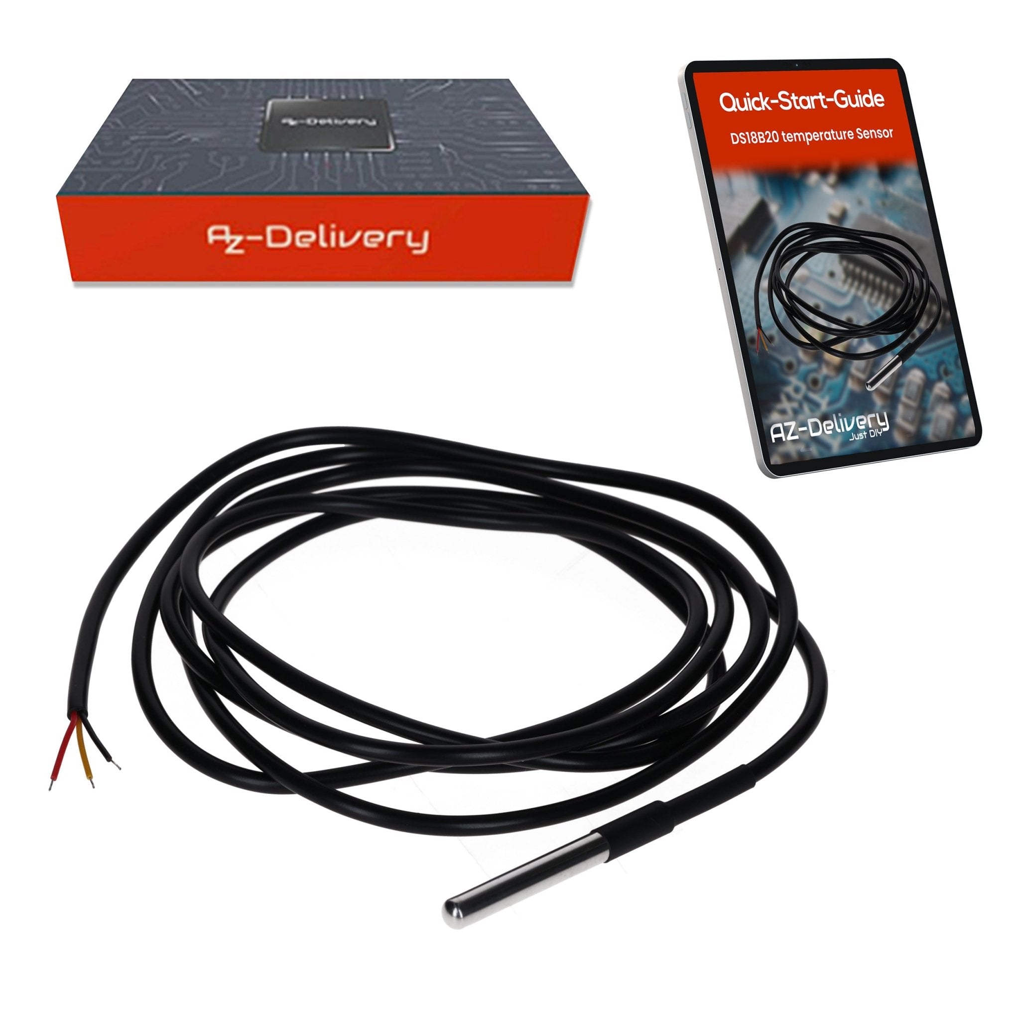 DS18B20 2m Kabel digitaler Edelstahl Temperatursensor Temperaturfühler, wasserdicht kompatibel mit Arduino und Raspberry Pi inklusive E - Book - AZ - Delivery