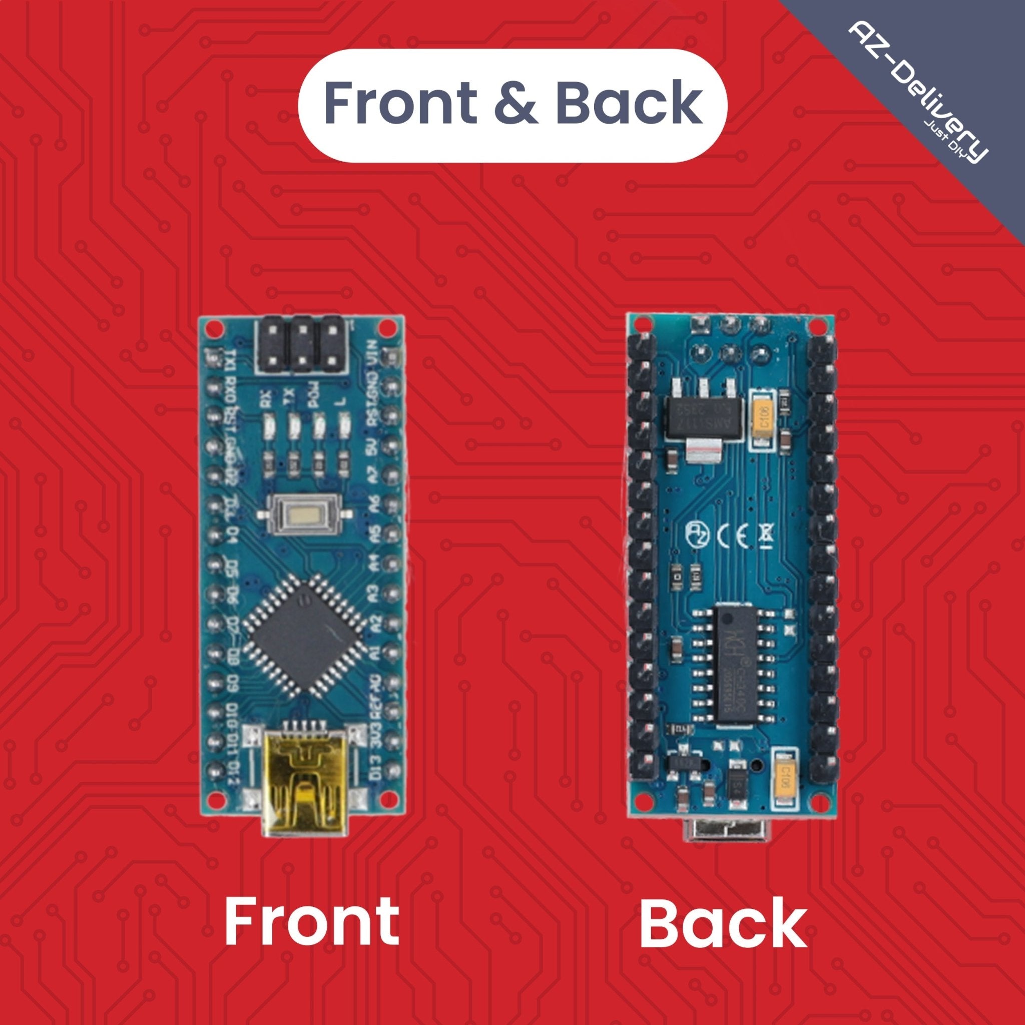 LGT8 Nano V3 - Mikrocontroller Board mit LGT8F328P und CH340, kompatibel mit Arduino Nano, 32 MHz Taktfrequenz, mit vorgelöteten Pins & USB - Kabel - AZ - Delivery