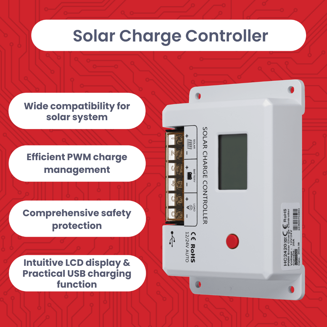 MIT - HC2420 PWM Solar Ladegerät 12V/24V, 20A Solarladeregler mit LCD, Dual USB, Kurzschluss - und Verpolungsschutz, Solar Charge Controller für LiFePO4, Gel & AGM Batterien - AZ - Delivery