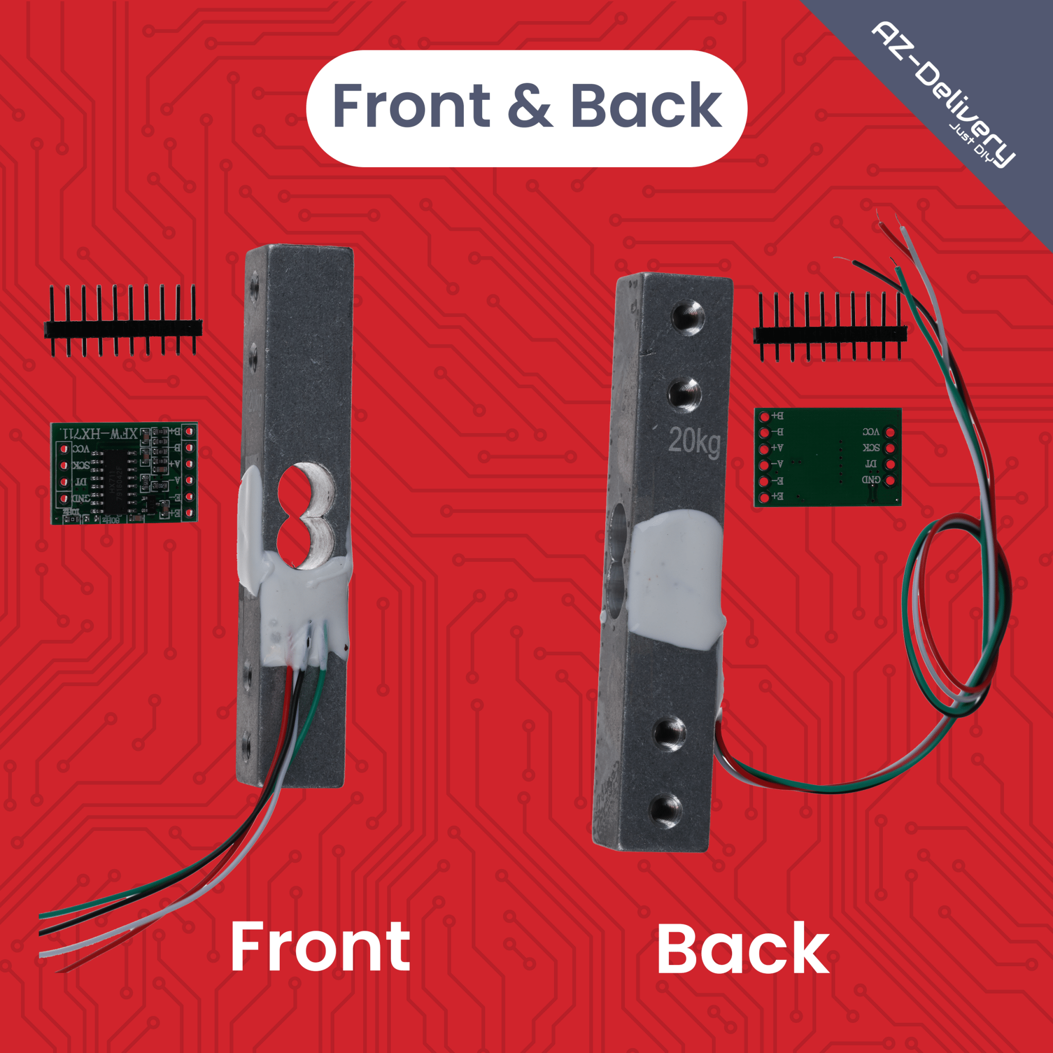 Wägezelle 20 kg mit HX711 Modul – Präzisionssensor zur Gewichtsmessung kompatibel mit Arduino & Raspberry Pi – Set inkl. Verstärker - ADC zur Kraftmessung - AZ - Delivery