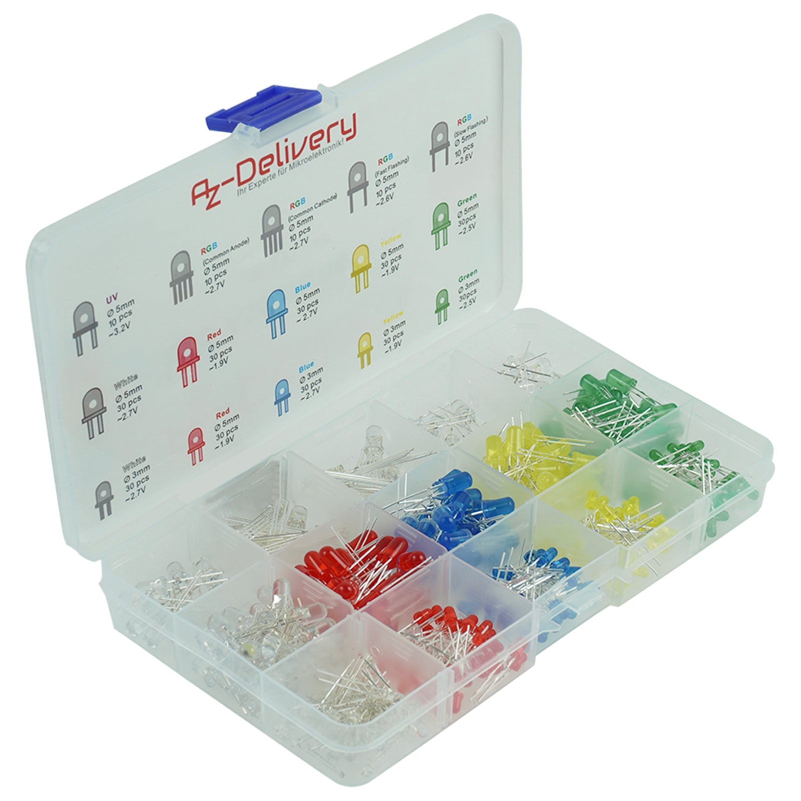 LED Leuchtdioden Sortiment Kit, 350 Stück, 3mm & 5mm, 5 Farben - AZ-Delivery