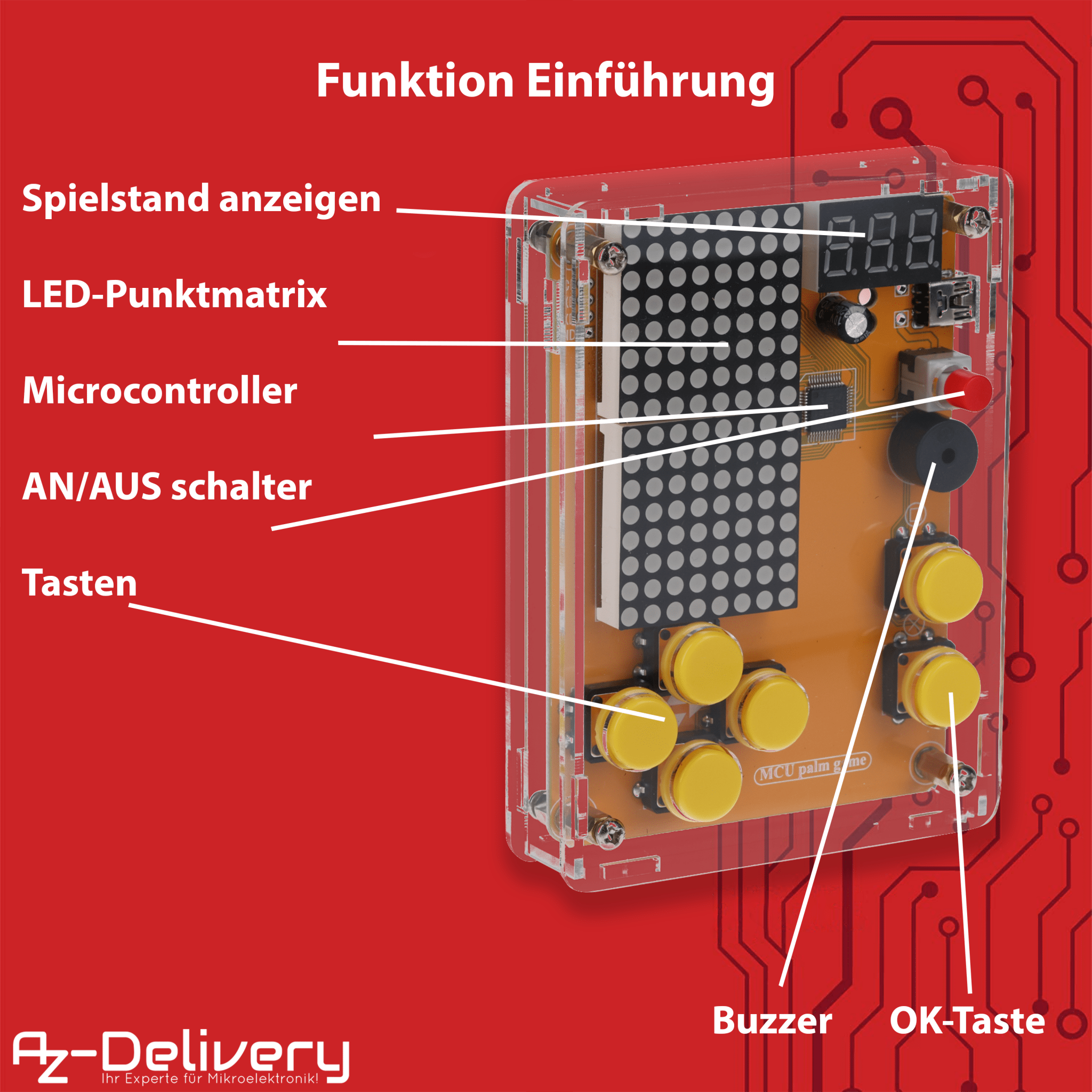 DIY Elektronik Bausatz - Spielekonsole mit transparenten Gehäuse, Retro Handheld Elektronik Kit für Anfänger & Fortgeschrittene, Lötset zum Löten Lernen & Basteln mit LED - Matrix und Punktanzeige - AZ - Delivery