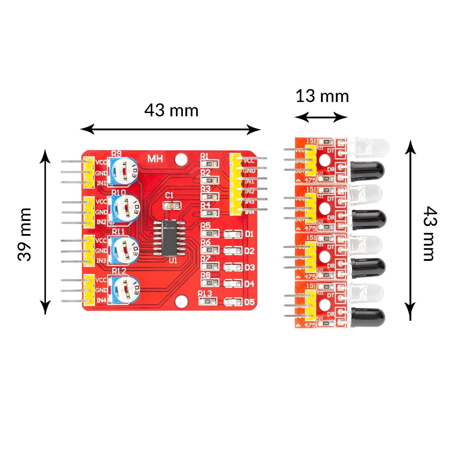 4-kanaals infrarood lijnen reflectie tracking-smart sensor module set slimme afstand detector CI-module met auto-obstructiepreventie en obstakelvermijding printplaat