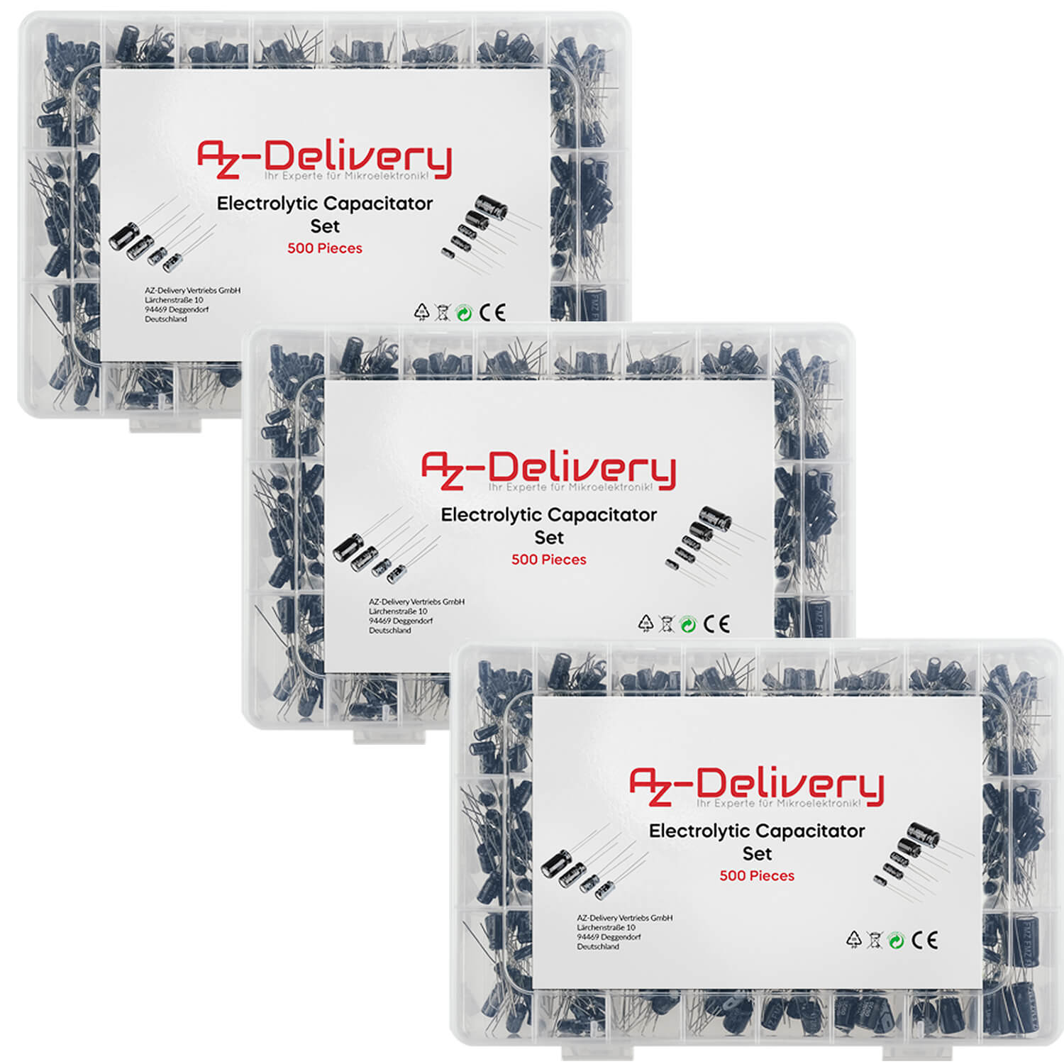 ElKo Sortiment Elektrolytkondensator Aluminium 24 Varianten, 500 Stück 0.1uF – 1000uF mit Aufbewahrungsbox kompatibel mit Arduino - AZ-Delivery