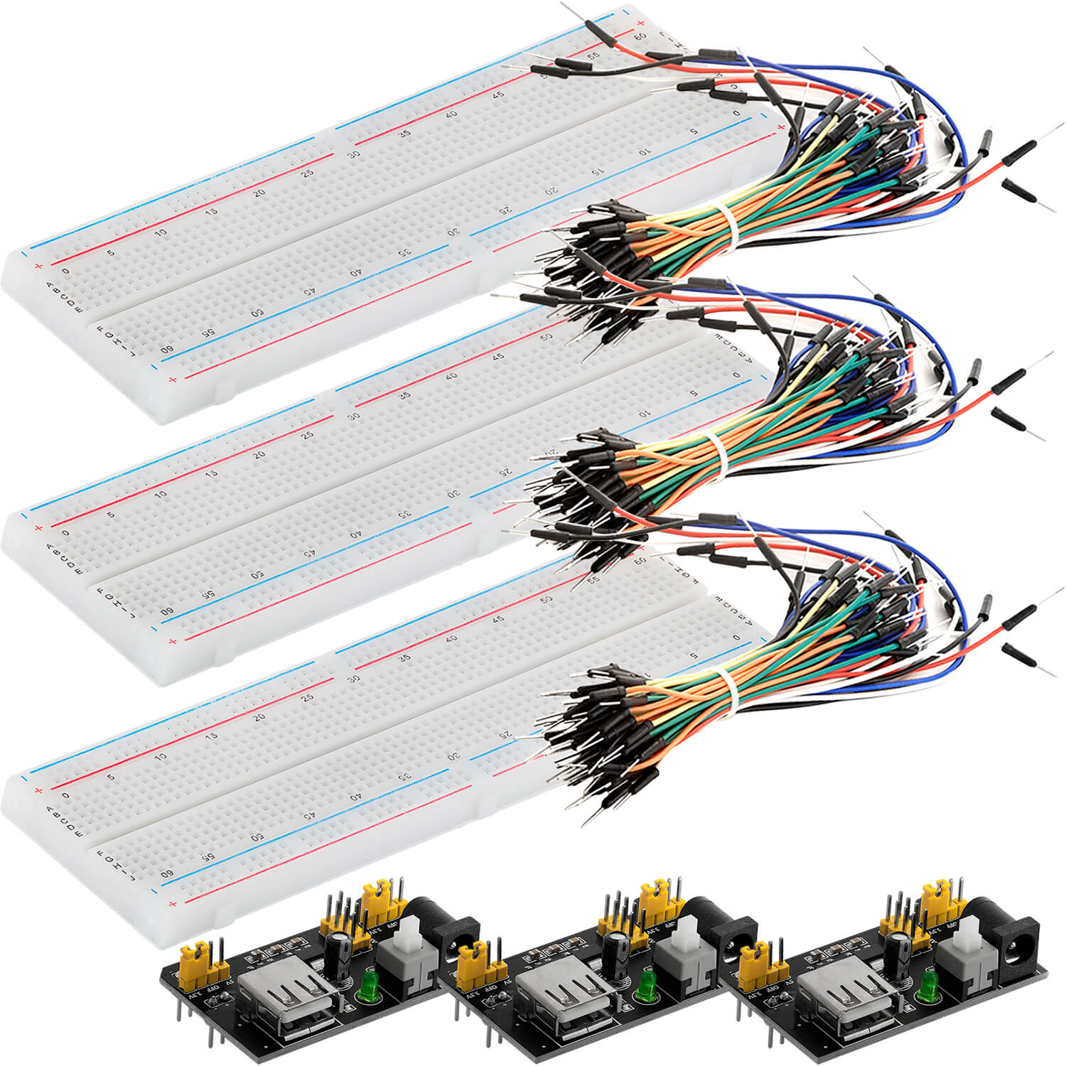 MB 102 Breadboard Kit - 830 Breadboard, Netzteil Adapter 3,3V 5V, 65Stk Steckbrücken - AZ-Delivery