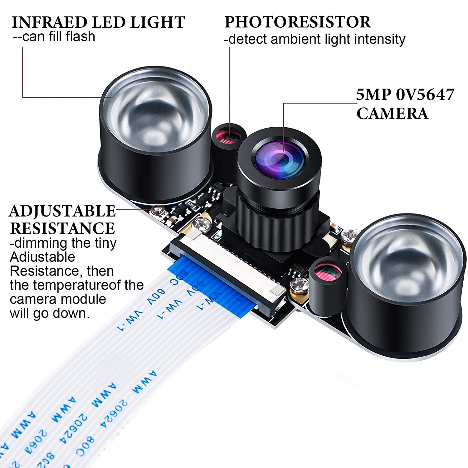 Raspberry Pi Kamera Nachtsicht Infrarot Kameramodul 5MP OV5647 Webcam Einstellbare Kamera Video 1080p für Raspberry Pi Modell 2B 2B + 3B 3B + 4B - AZ-Delivery